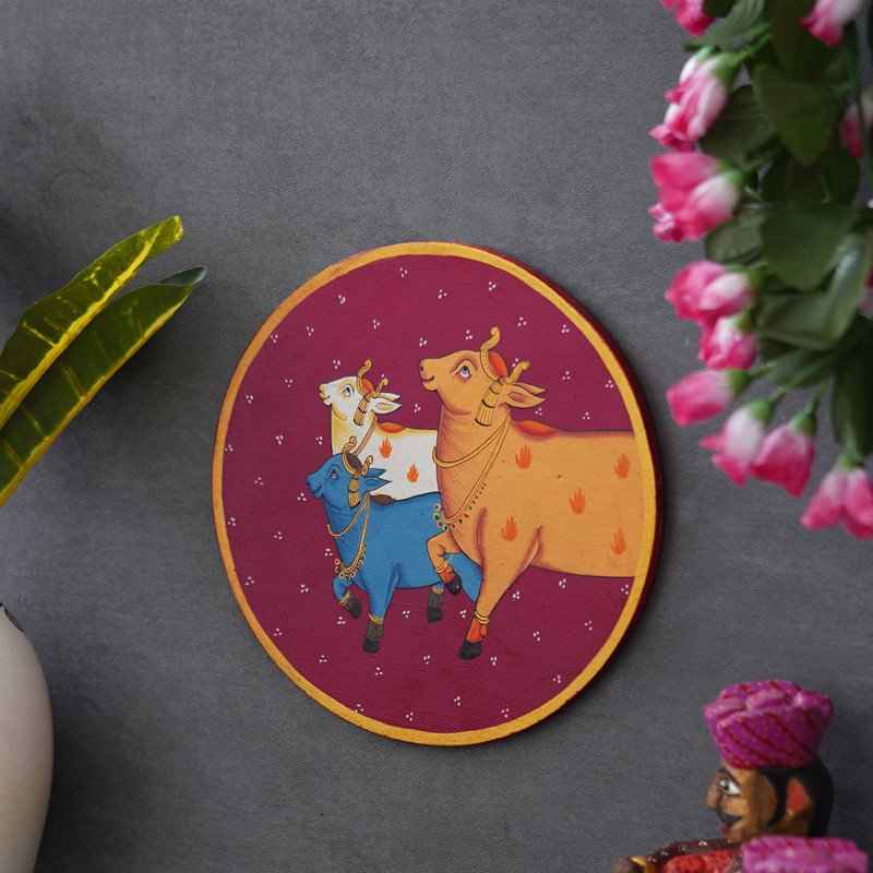 Pichwai Art Wooden Wall Plate-Village Cow Scene Hand-Painted (12x12 Inches)