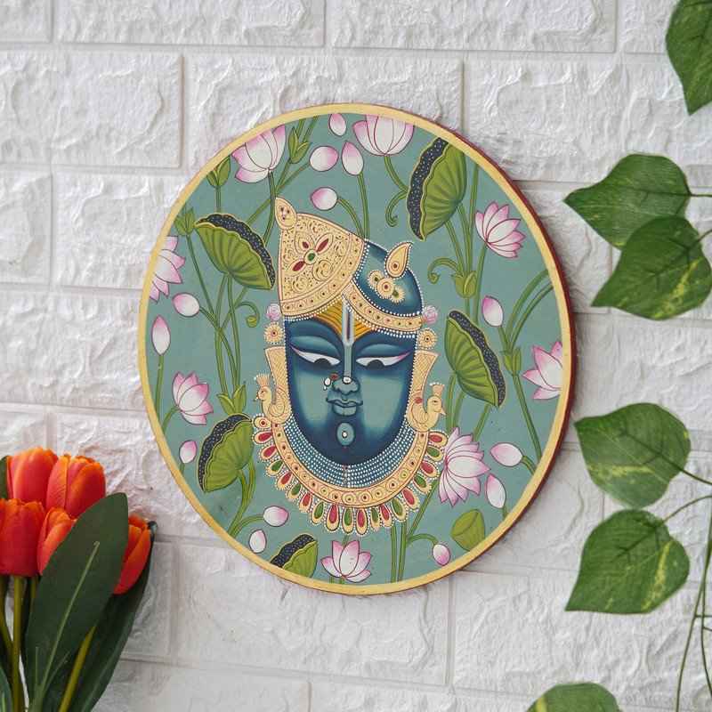 Handmade Wooden Wall Plate-Devotional Cow-Tree Pichwai Art (12x12 Inches)
