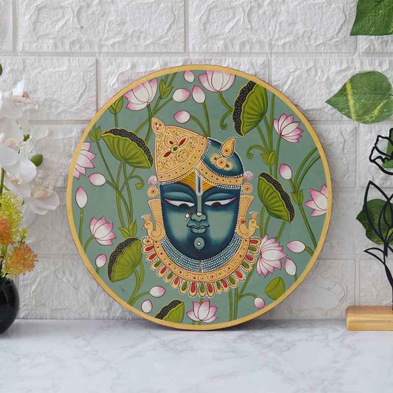 Handmade Wooden Wall Plate-Devotional Cow-Tree Pichwai Art (12x12 Inches)