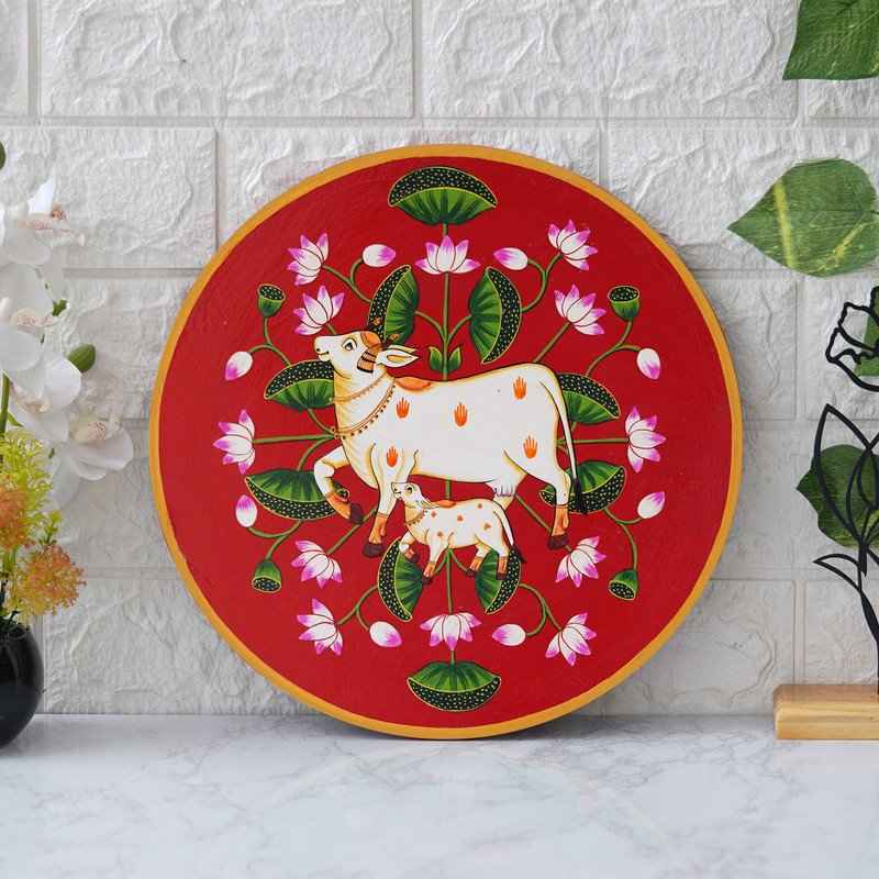 Pichwai Cow Wall Plate-Handcrafted Lotus-Bell Design (12x12 Inches)