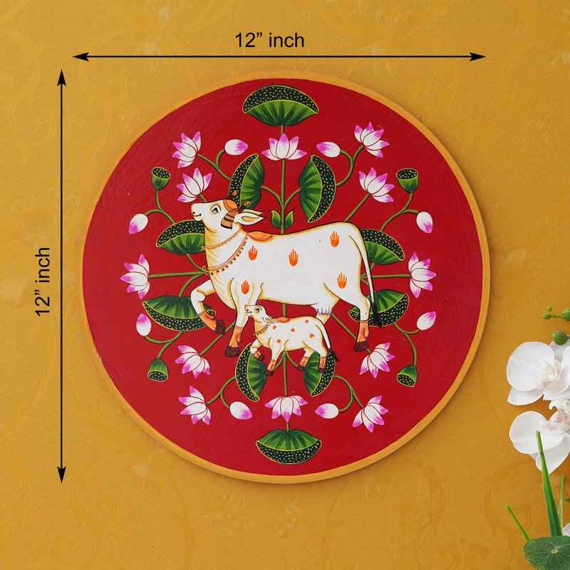 Pichwai Cow Wall Plate-Handcrafted Lotus-Bell Design (12x12 Inches)