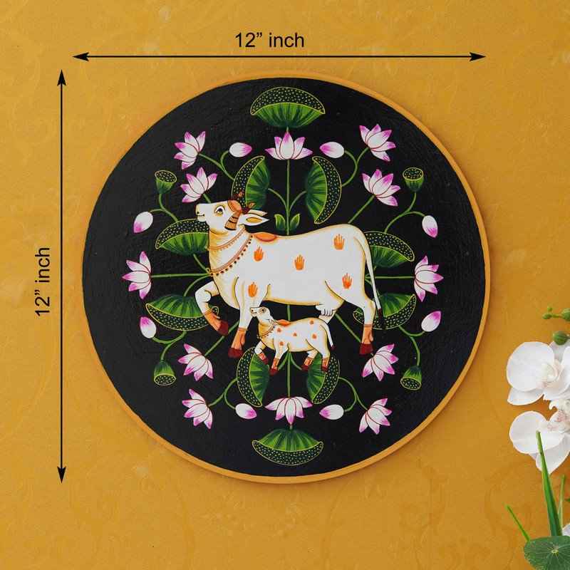 Traditional Wooden Wall Plate-Sacred Cow Painting in Pichwai Style (12x12 Inches)