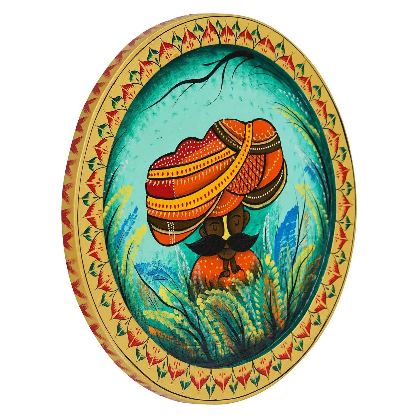 Wooden Pichwai Wall Plate-Lotus Crown Cow Design, Handcrafted (12x12 Inches)