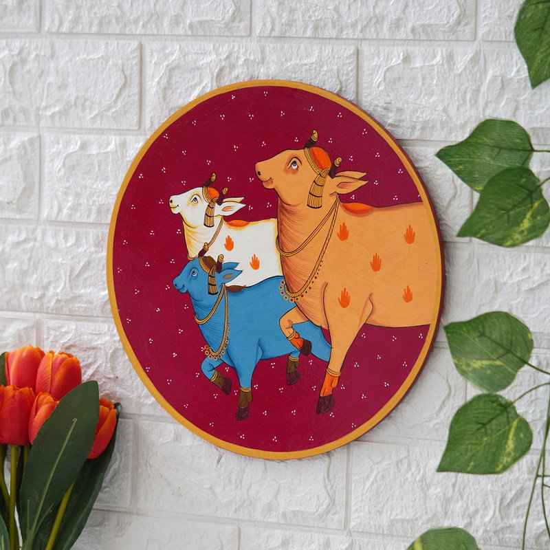 Hand-Painted Pichwai Plate-Lotus Garland Cow Design (12x12 Inches)