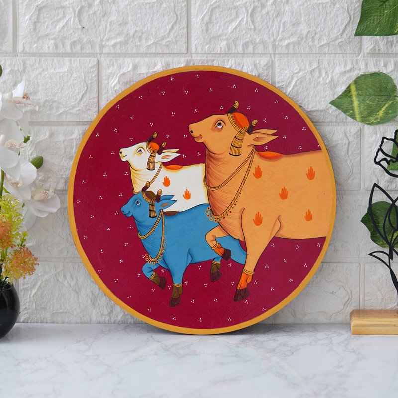 Hand-Painted Pichwai Plate-Lotus Garland Cow Design (12x12 Inches)