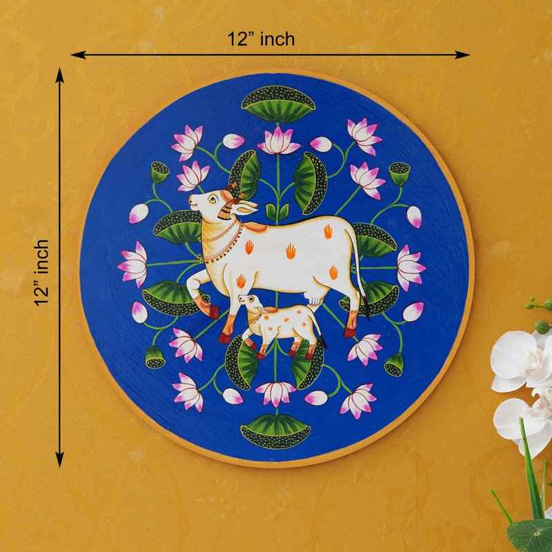 Artisan Pichwai Wooden Wall Plate-Folk Cow with Mandala Backdrop (12x12 Inches)
