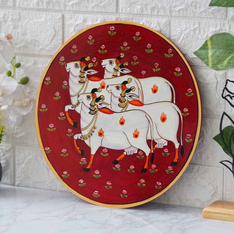 Rajasthani Pichwai Wall Art-Wooden Plate with Devotional Motif (12x12 Inches)