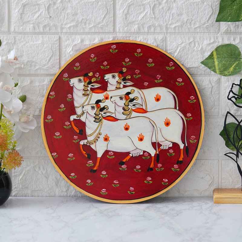 Rajasthani Pichwai Wall Art-Wooden Plate with Devotional Motif (12x12 Inches)