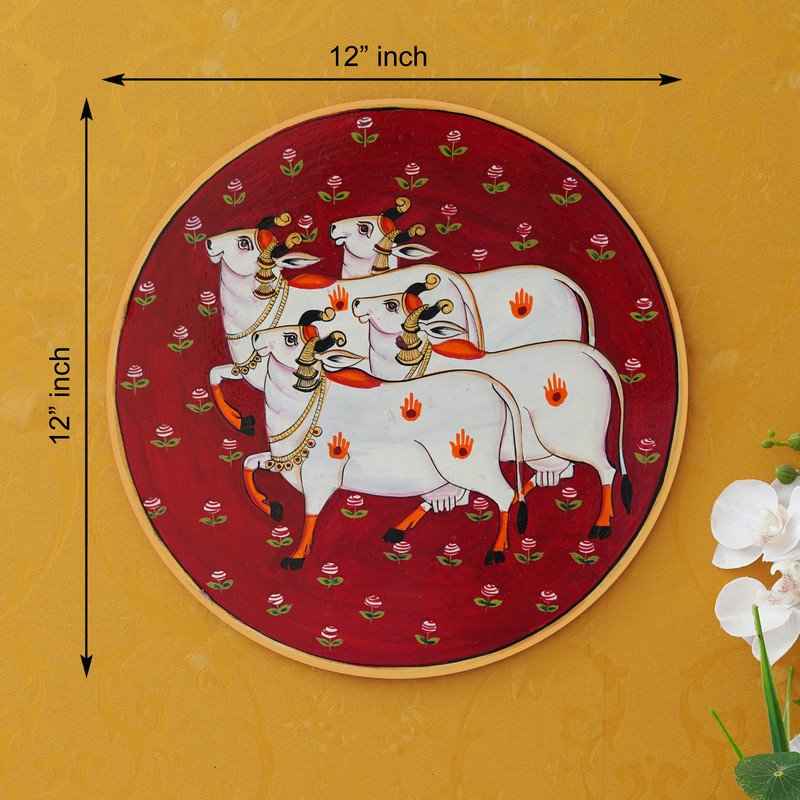 Rajasthani Pichwai Wall Art-Wooden Plate with Devotional Motif (12x12 Inches)