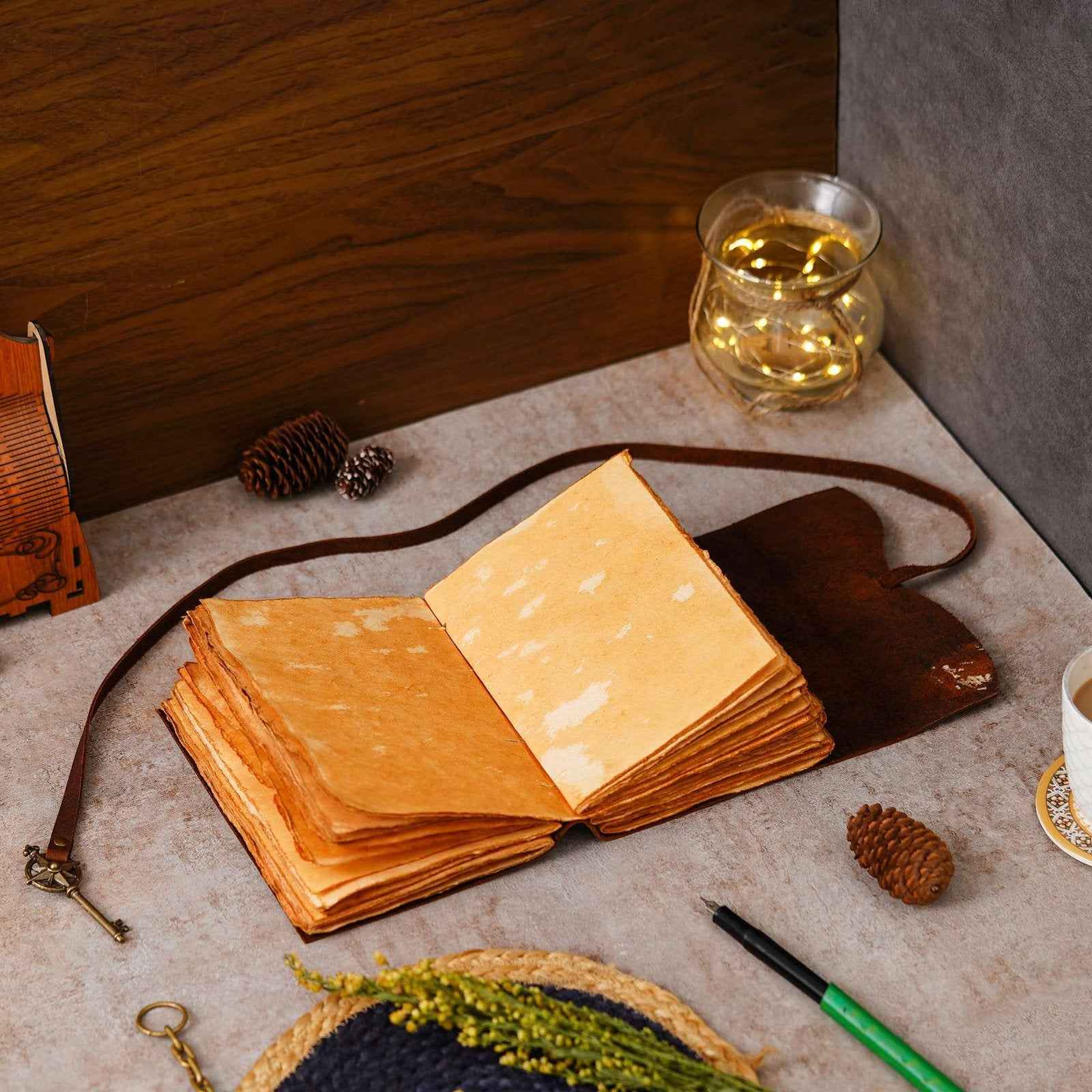 Vintage Handmade Genuine Leather Journal-Premium Antique Key Design String Closure-200 Handmade Brown Pages -1