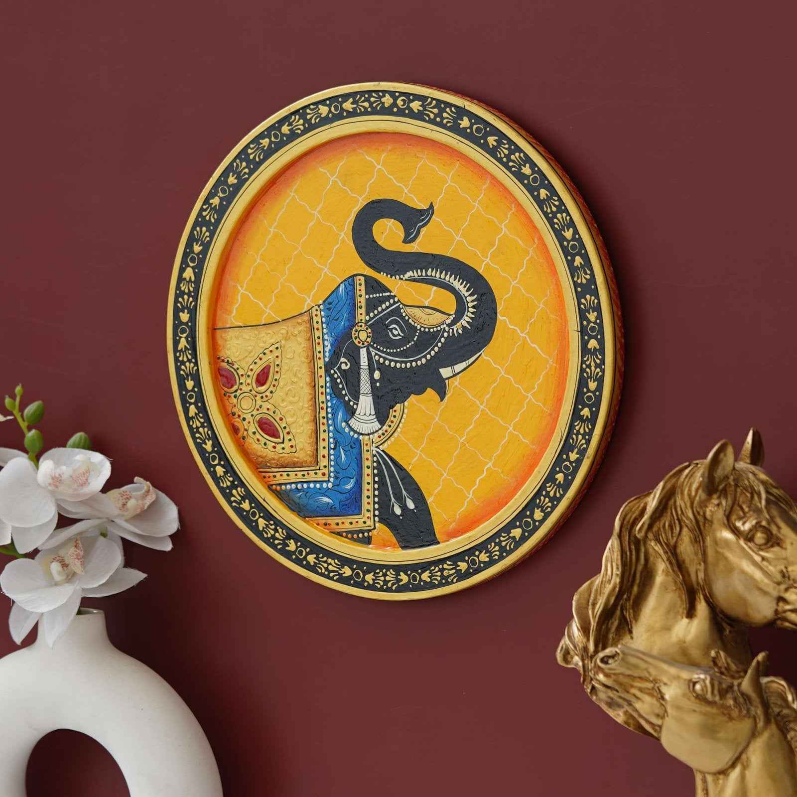Pichwai Inspired Wall Plate-Cow with Ornamental Bell Artwork (12x12 Inches)
