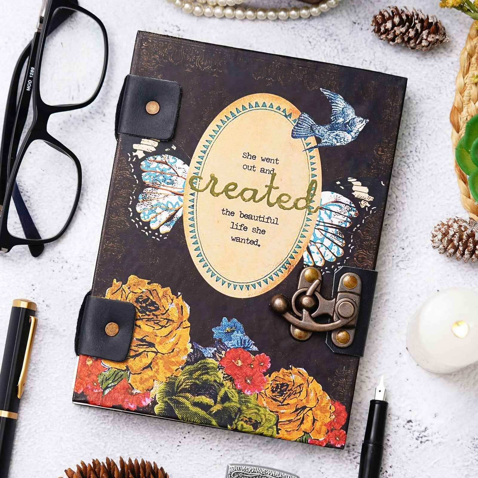 Handmade Printed Cardboard Journal Diary with Buckle Lock-200 Pages Notepad For Men and Women -1
