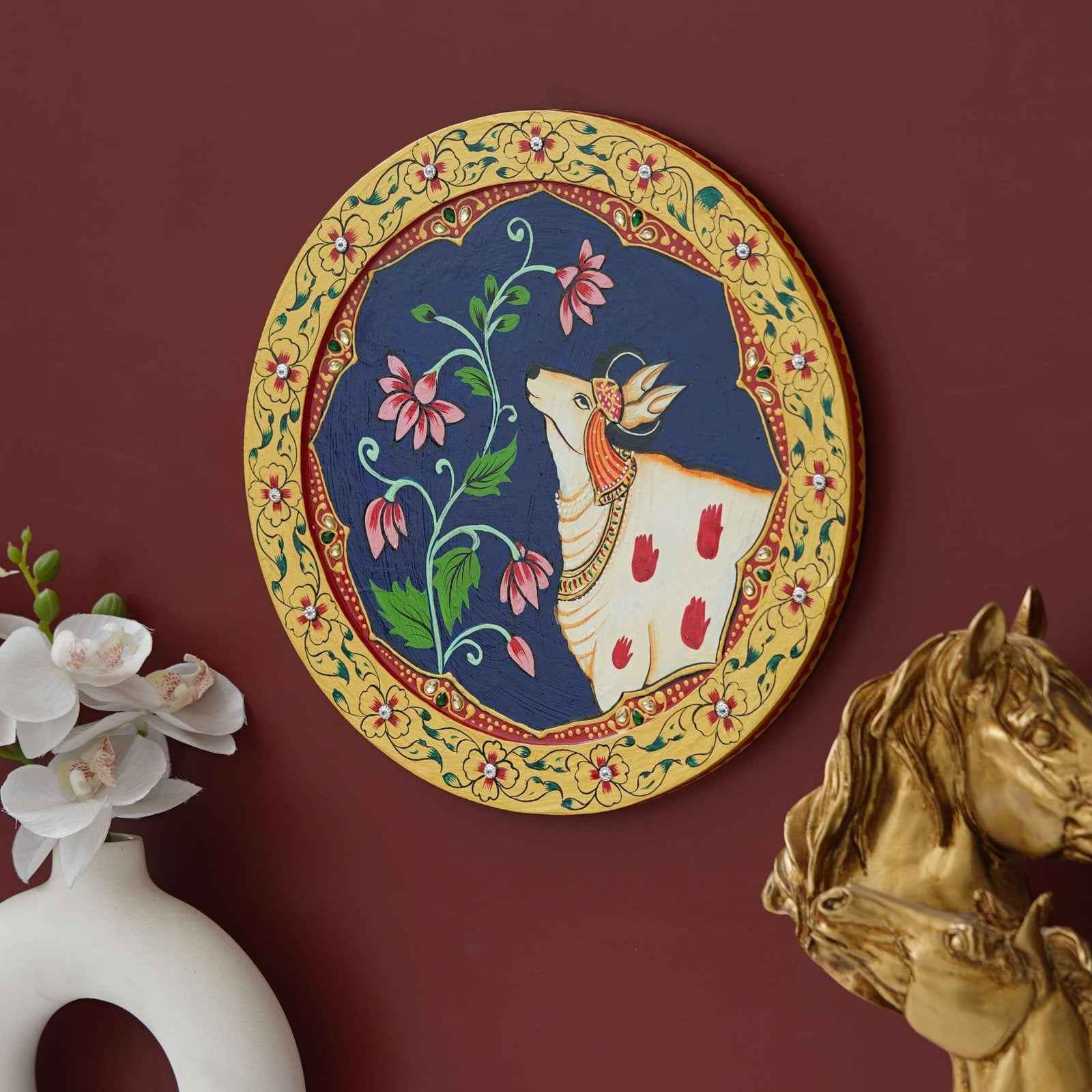 Pichwai Art Decor Plate-Spiritual Cow-Tree Theme on Wood (12x12 Inches)