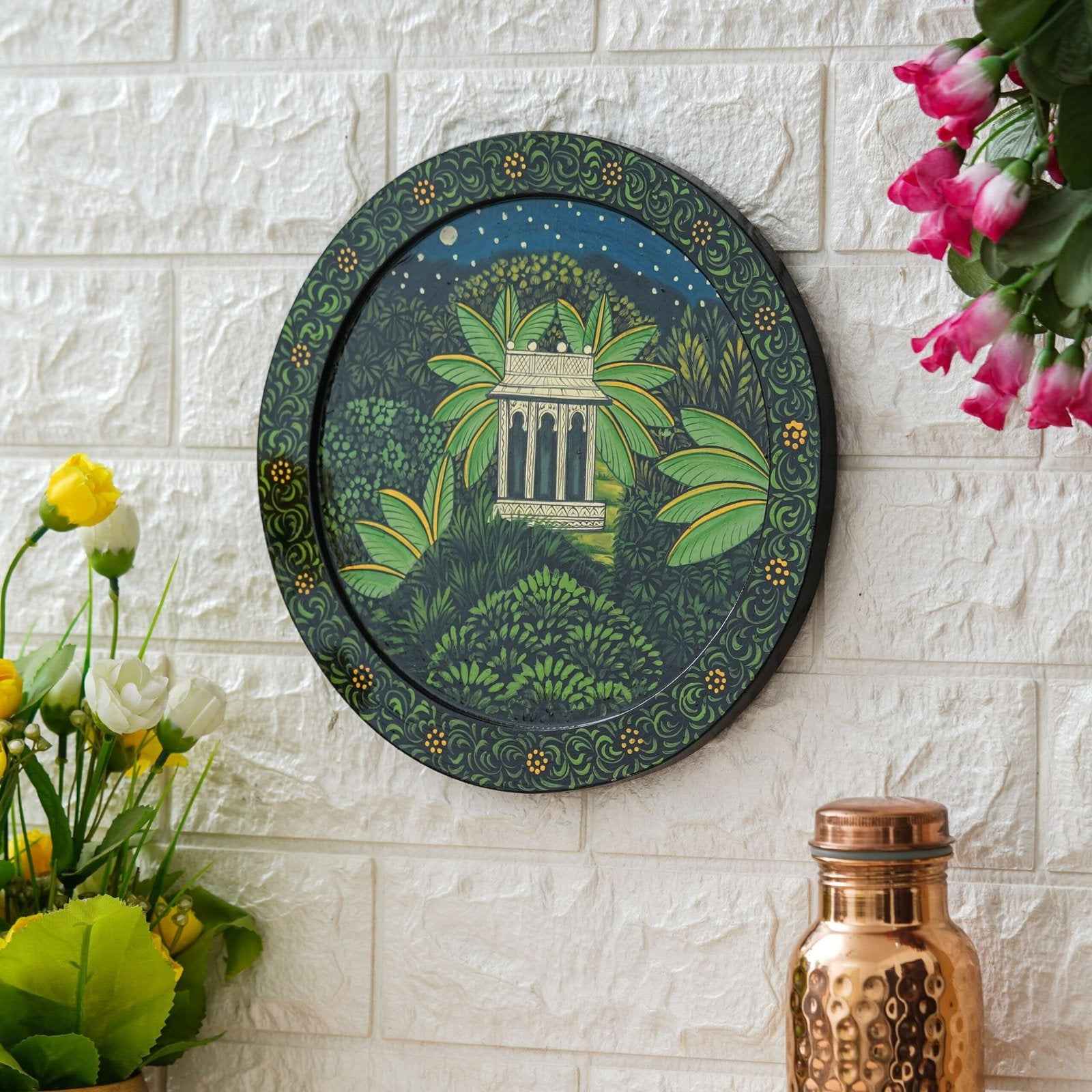 Handcrafted Wooden Wall Plate-Rajasthani Cow-Kalash Artwork (12x12 Inches)