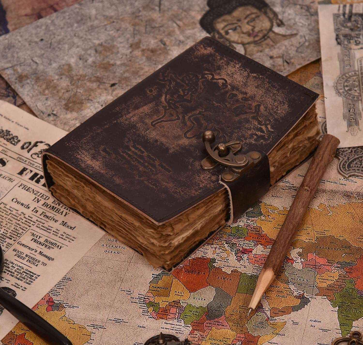 Genuine Leather Diary-Vintage Handmade Leather Journal-Premium Antique LOCK Closure-200 Handmade Deckle Edge Antique Pages -1