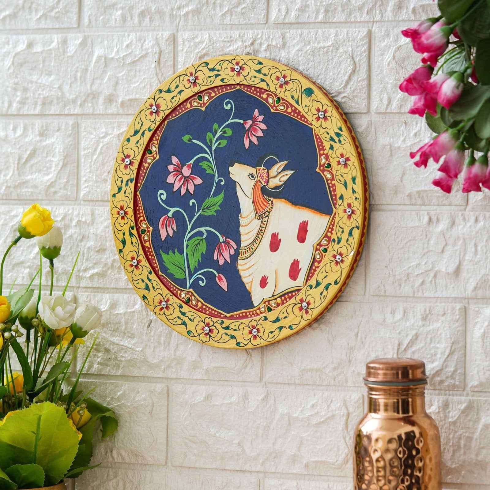 Pichwai Art Decor Plate-Spiritual Cow-Tree Theme on Wood (12x12 Inches)