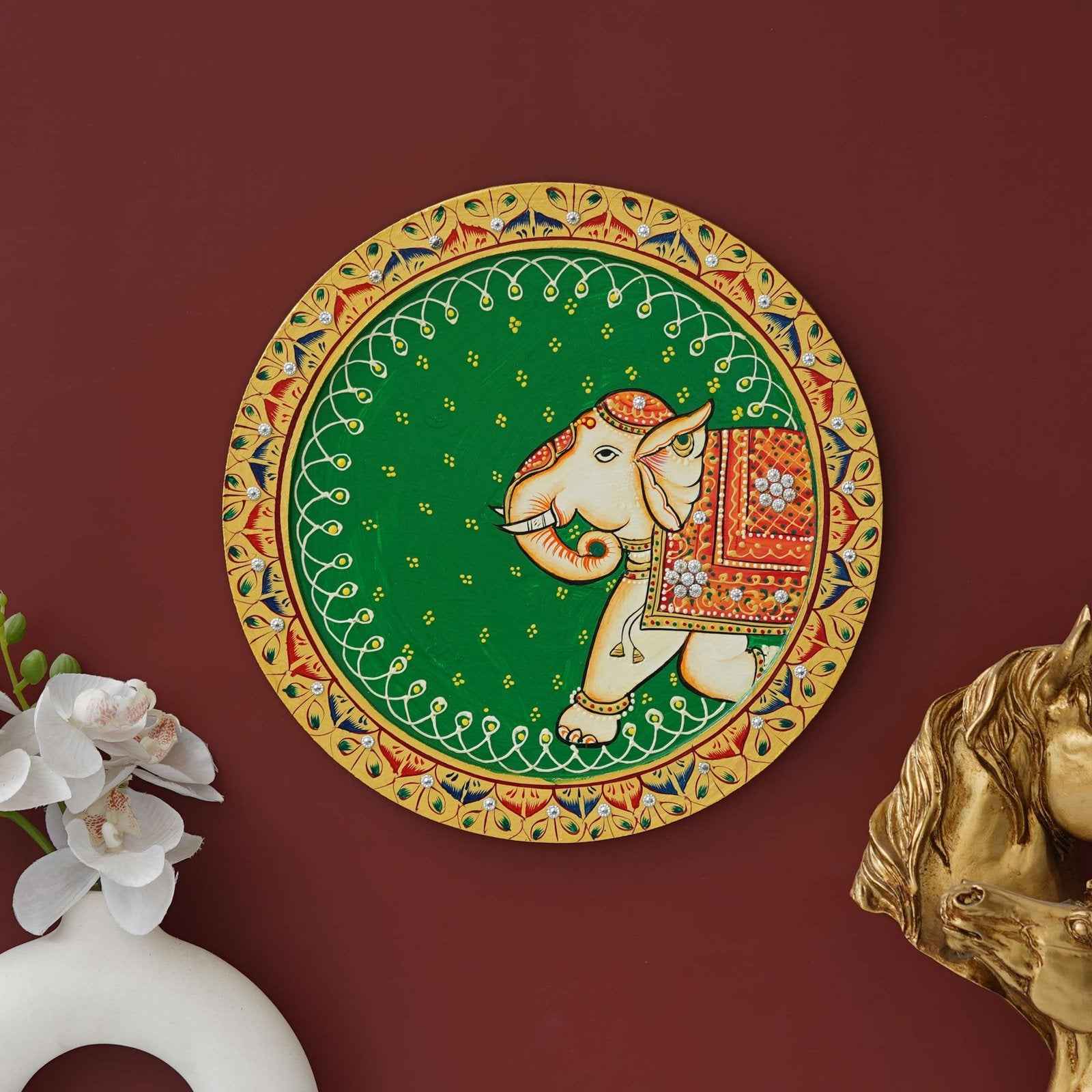 Sacred Cow Wooden Wall Plate-Devotional Pichwai Design (12x12 Inches)