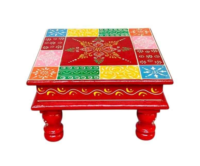 Hand-Painted Square Wooden Chowki – Multicolor Patchwork Design (10x10x6 inch)