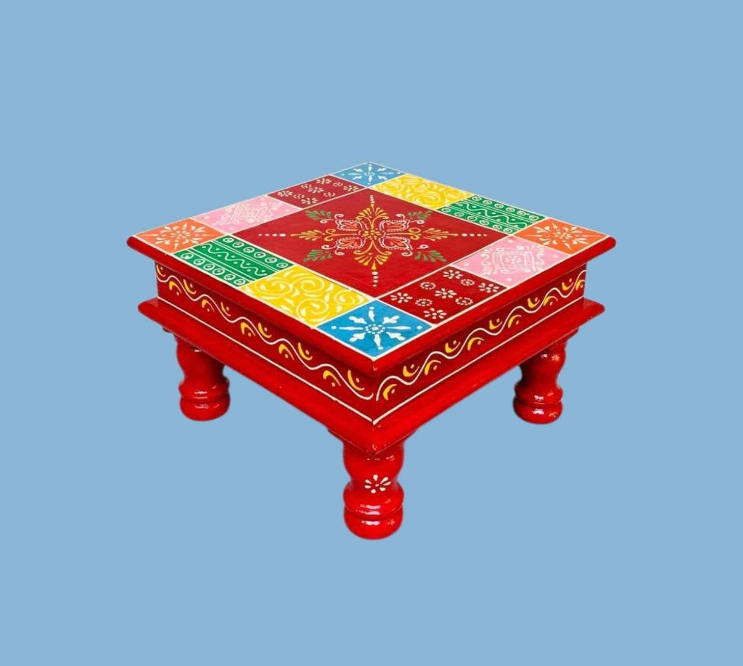 Hand-Painted Square Wooden Chowki – Multicolor Patchwork Design (10x10x6 inch)