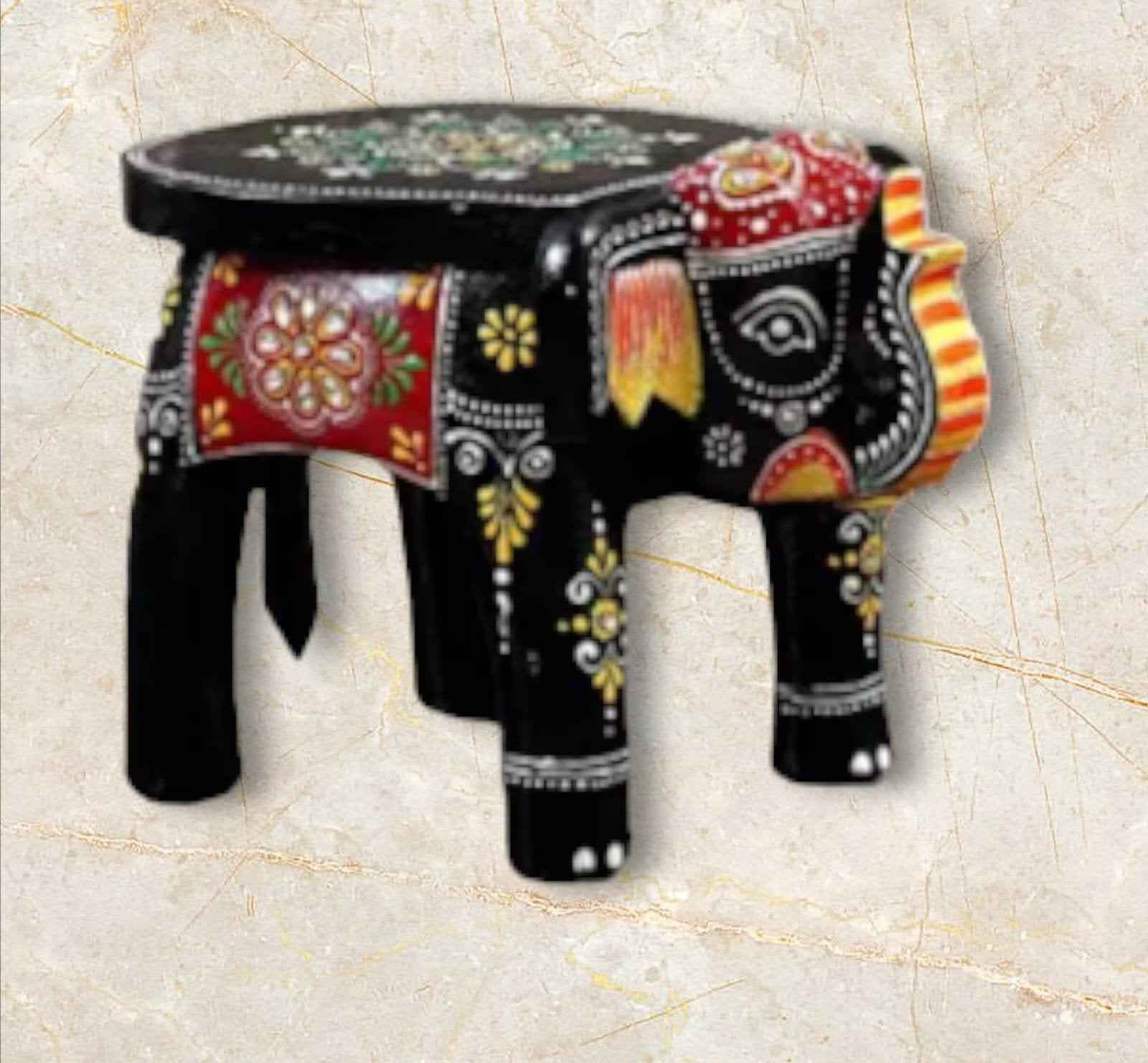 Hand-Painted Wooden Elephant Stool | Decorative Bajot Table for Home Decor (Ethnic Art)