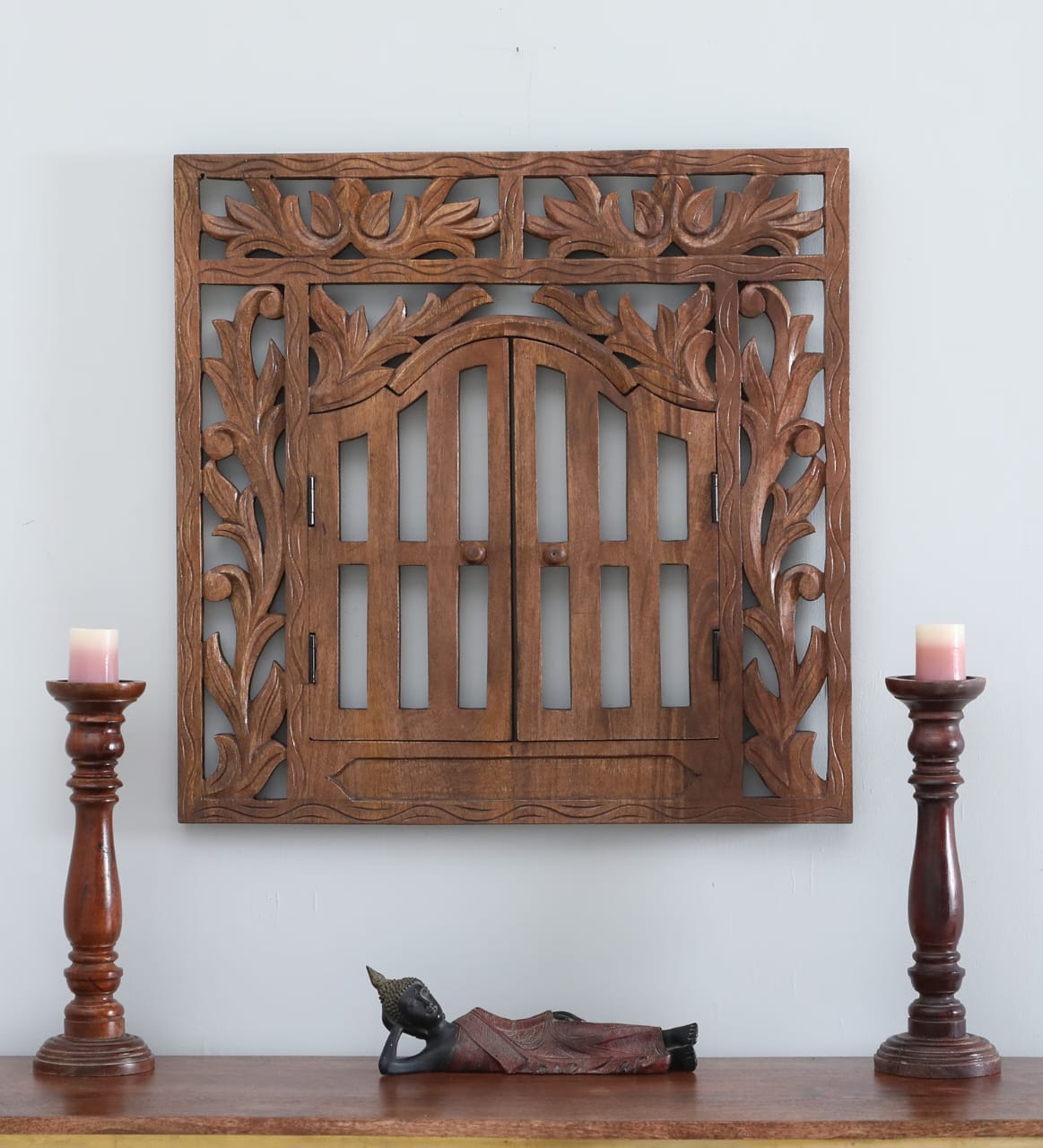 Hand-Carved Rustic Wood Window Frame Wall Art with Doors - 24" x 24"