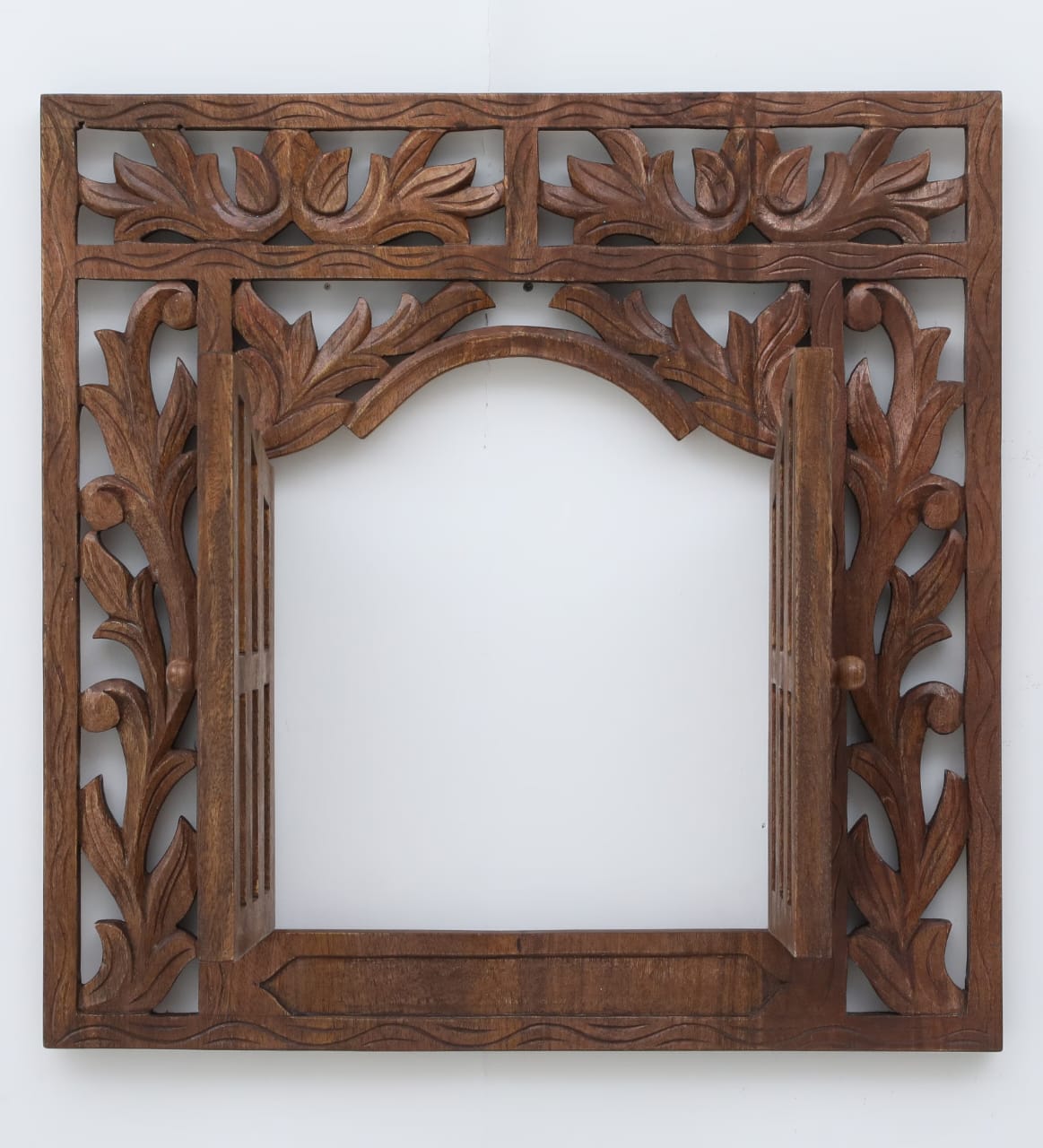 Hand-Carved Rustic Wood Window Frame Wall Art with Doors - 24" x 24"