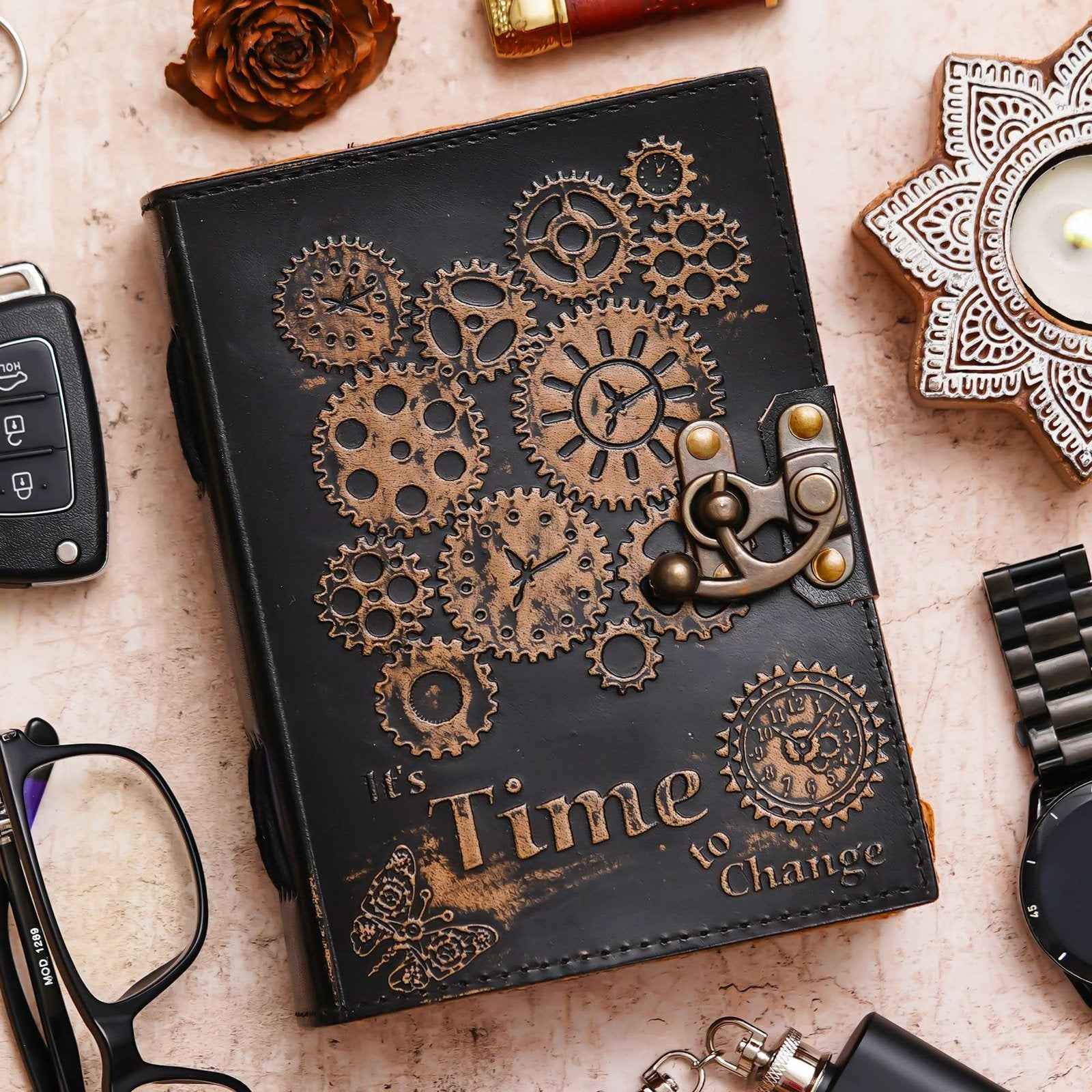 Vintage Handmade Genuine Leather Journal-Premium Antique Lock Closure-200 Handmade Brown Pages -8