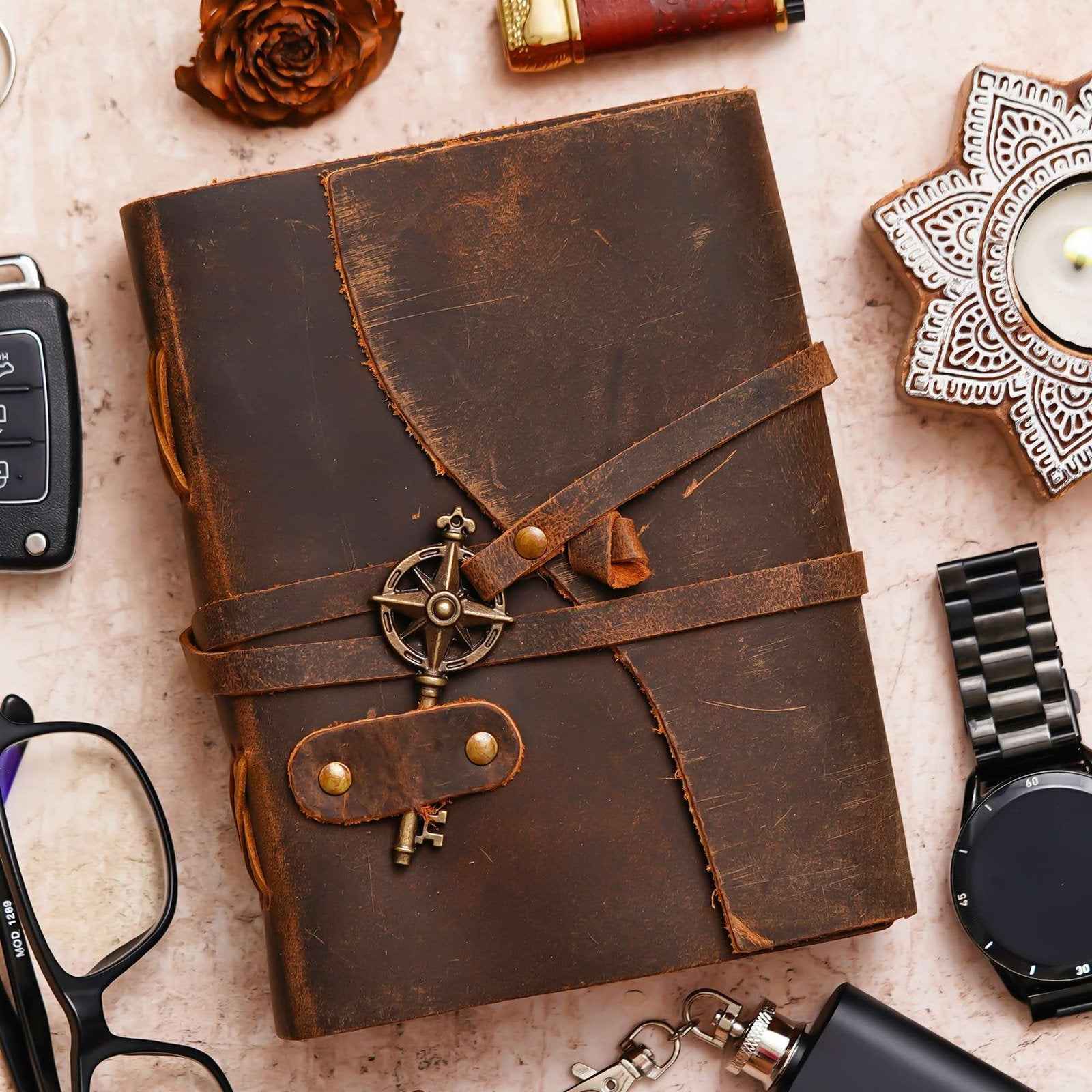 Vintage Handmade Genuine Leather Journal-Premium Antique Key Design String Closure-200 Handmade Brown Pages -3