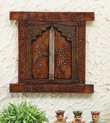 Handcrafted Wooden Wall Window Frame with Doors-23-18 in-Traditional Hand-Painted Home Decor Panel