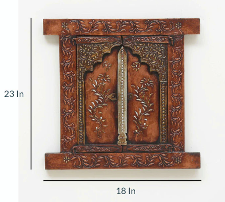 Handcrafted Wooden Wall Window Frame with Doors-23-18 in-Traditional Hand-Painted Home Decor Panel - Navkar Handicrafts