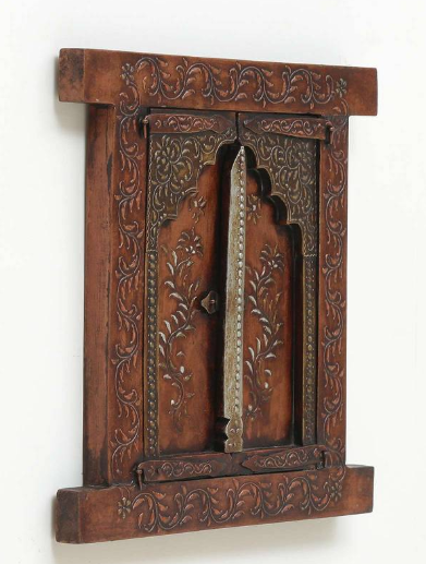 Handcrafted Wooden Wall Window Frame with Doors-23-18 in-Traditional Hand-Painted Home Decor Panel - Navkar Handicrafts