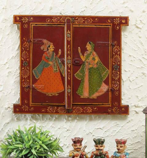 Rajasthani Hand-Painted Wooden Wall Window Frame-Traditional Couple Artwork-23-14 in-Home Decor Panel