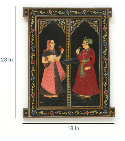 Hand-Painted Wooden Wall Window Frame-Black Rajasthani Royal Couple Art-23-18 cm-Traditional Indian Decor - Navkar Handicrafts