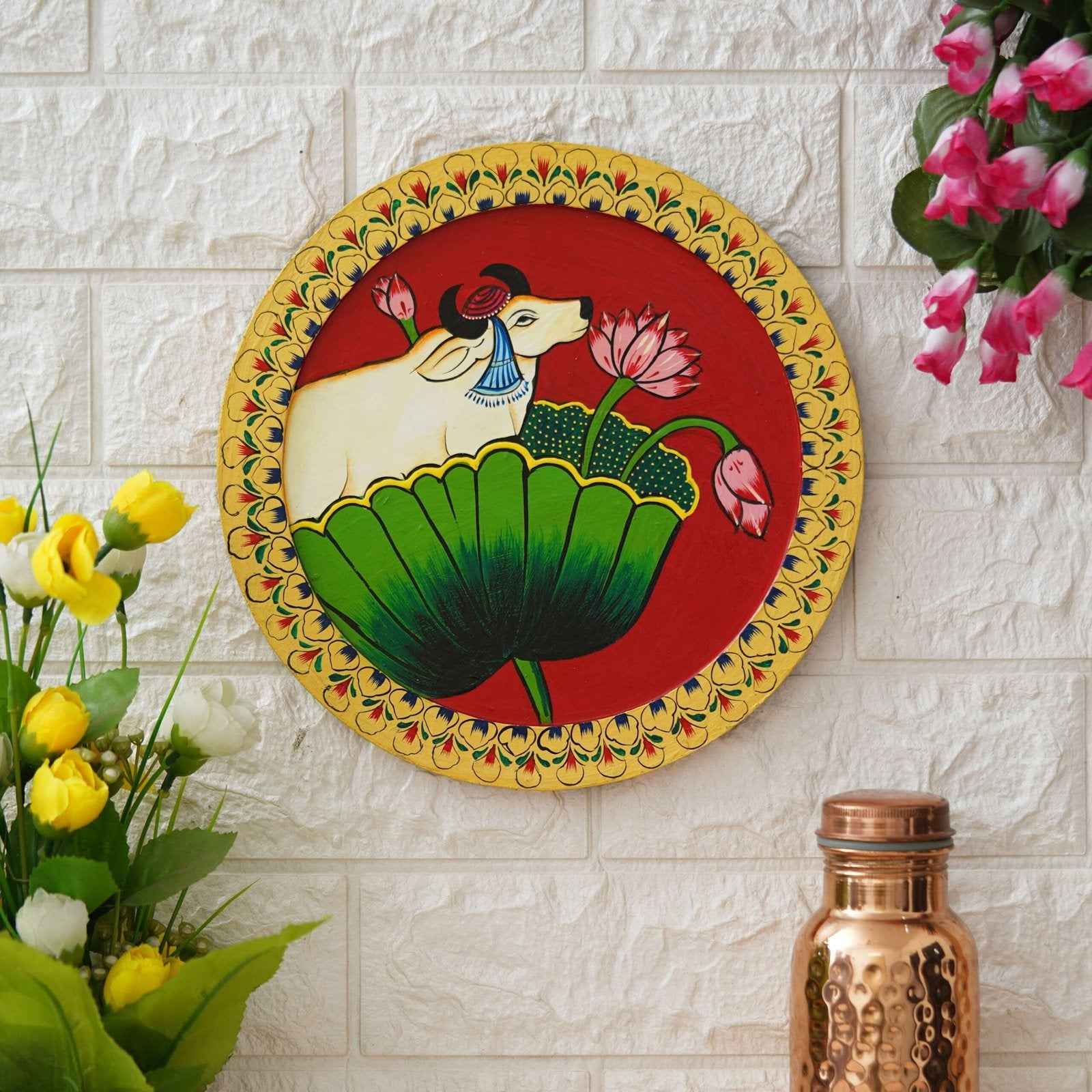 Handmade Ethnic Wall Plate-Pichwai Cow Art for Living Room (12x12 Inches)
