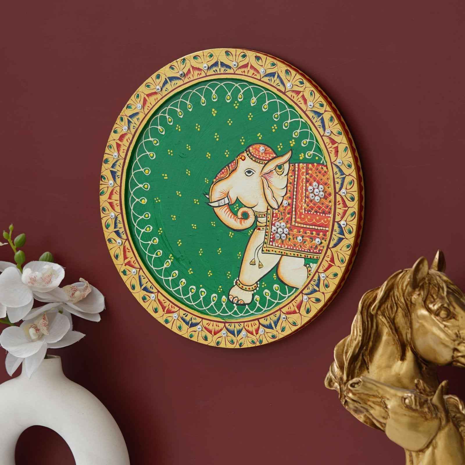 Sacred Cow Wooden Wall Plate-Devotional Pichwai Design (12x12 Inches)