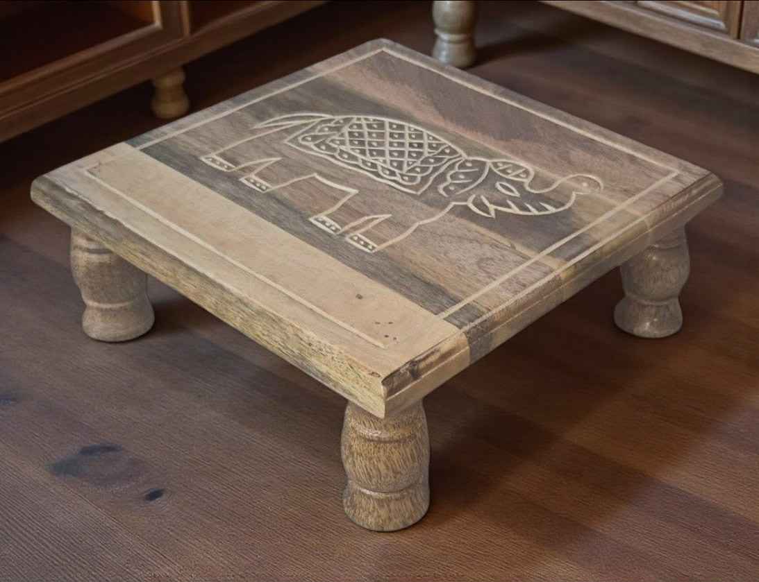 White Handcrafted Wooden Stool with Elephant Carving