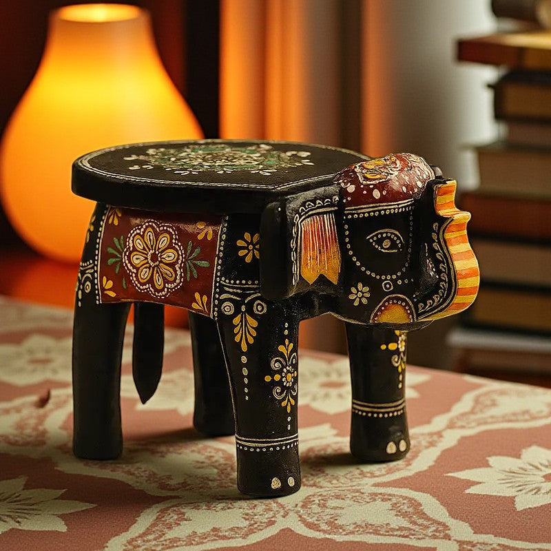 Hand-Painted Wooden Elephant Stool | Decorative Bajot Table for Home Decor (Ethnic Art)