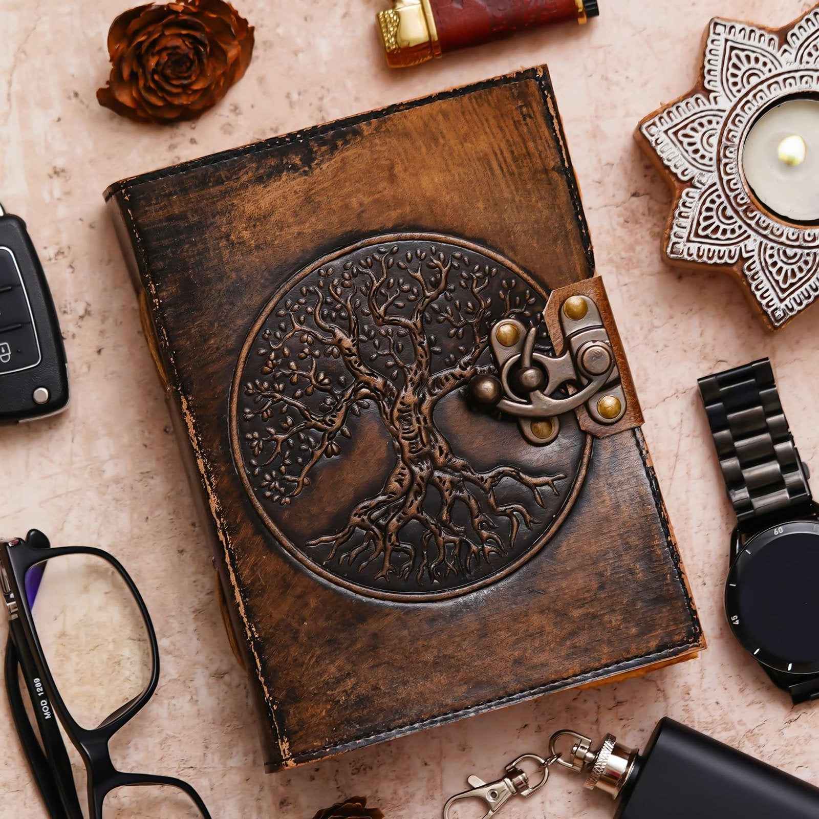 Vintage Handmade Genuine Leather Journal-Premium Antique Lock Closure-200 Handmade Brown Pages -2