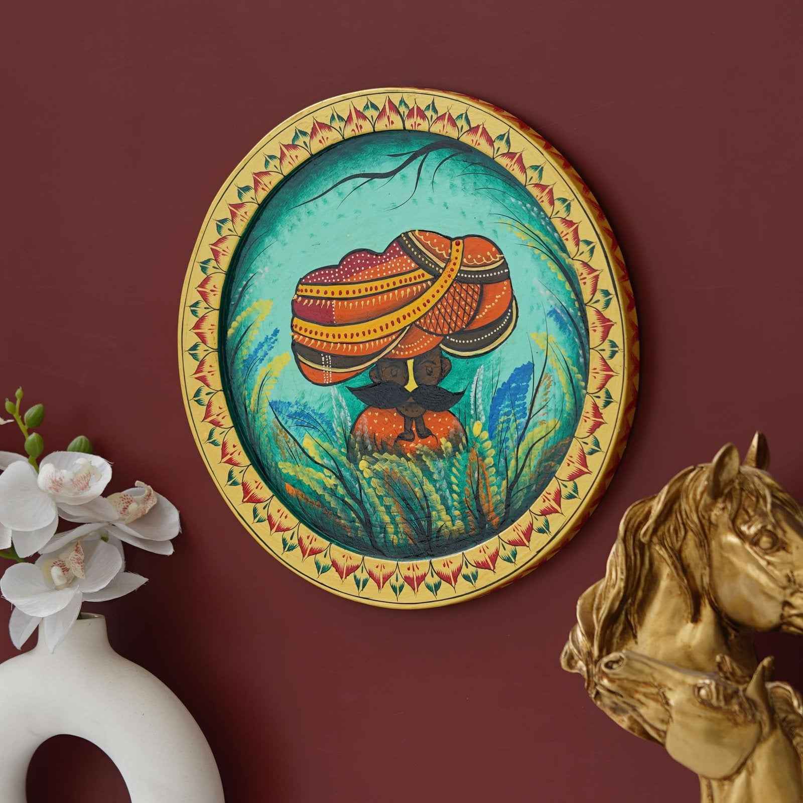 Wooden Pichwai Wall Plate-Lotus Crown Cow Design, Handcrafted (12x12 Inches)