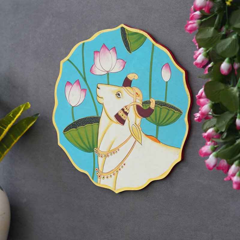 Handmade Pichwai Wooden Wall Plate-Sacred Cow-Lotus Artwork (12x12 Inches)