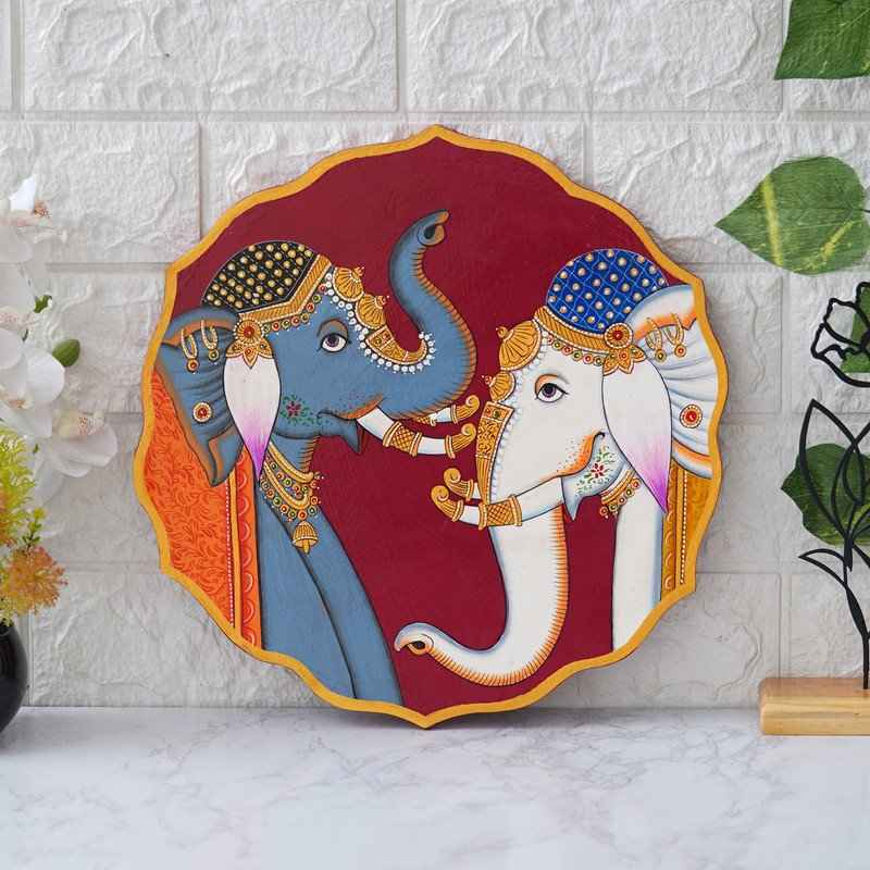 Ethnic Wooden Wall Plate-Pichwai Inspired Peacock-Lotus Motif (12x12 Inches)