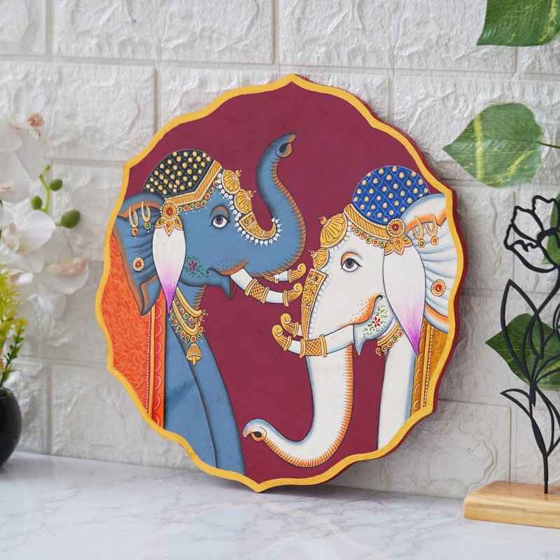 Ethnic Wooden Wall Plate-Pichwai Inspired Peacock-Lotus Motif (12x12 Inches)