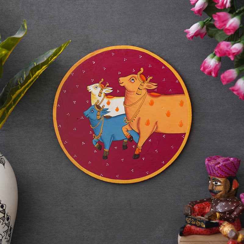 Pichwai Art Wooden Wall Plate-Village Cow Scene Hand-Painted (12x12 Inches)