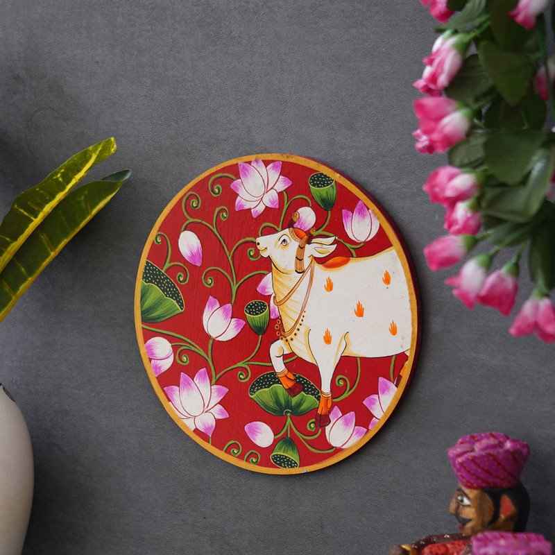 Decorative Pichwai Wall Plate-Floral Cow Theme in Rajasthani Style (12x12 Inches)