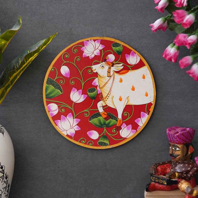 Decorative Pichwai Wall Plate-Floral Cow Theme in Rajasthani Style (12x12 Inches)