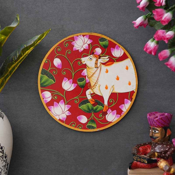 Decorative Pichwai Wall Plate-Floral Cow Theme in Rajasthani Style (12x12 Inches)