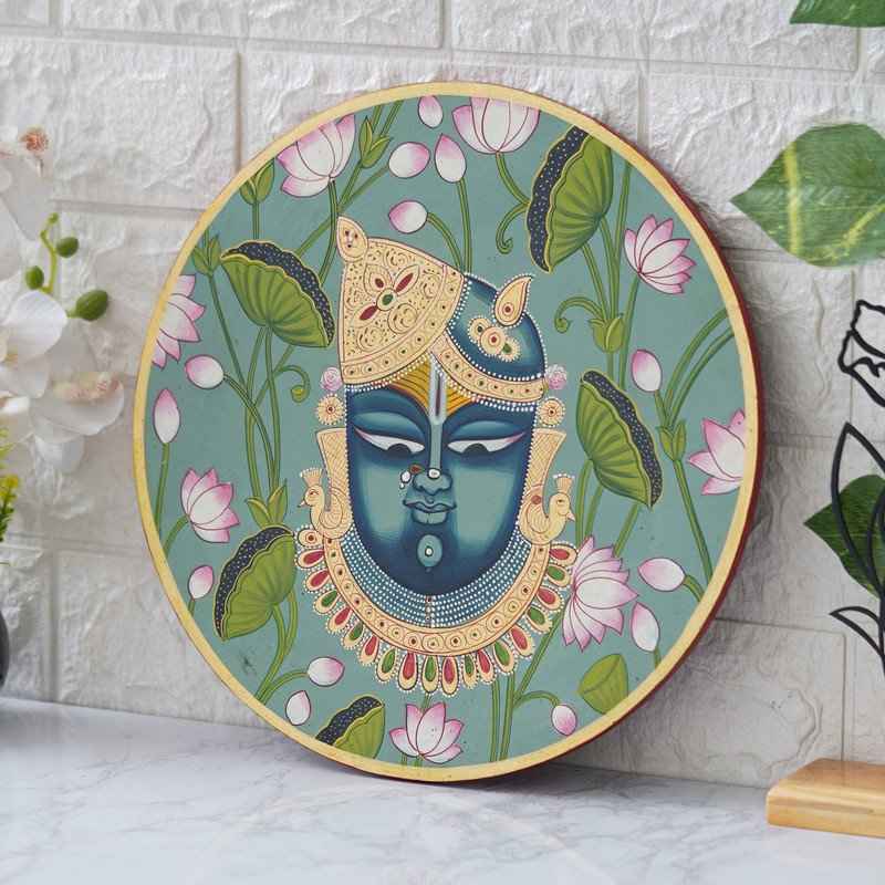 Handmade Wooden Wall Plate-Devotional Cow-Tree Pichwai Art (12x12 Inches)