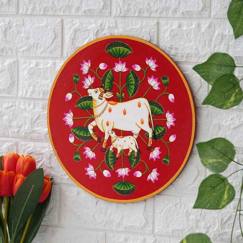 Pichwai Cow Wall Plate-Handcrafted Lotus-Bell Design (12x12 Inches)