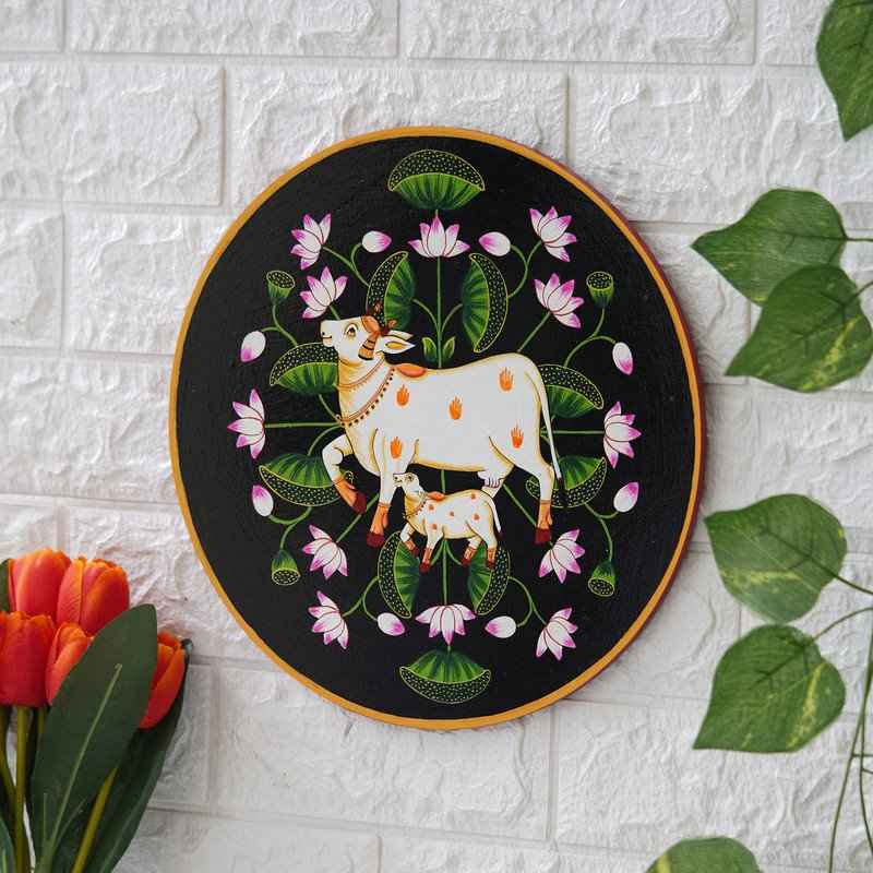 Traditional Wooden Wall Plate-Sacred Cow Painting in Pichwai Style (12x12 Inches)