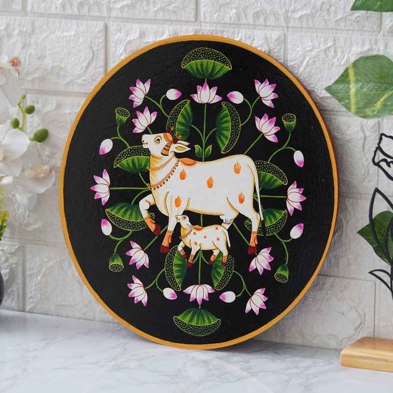 Traditional Wooden Wall Plate-Sacred Cow Painting in Pichwai Style (12x12 Inches)